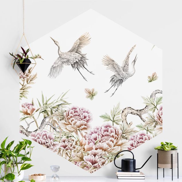Decoración cocina Watercolour Storks In Flight With Roses