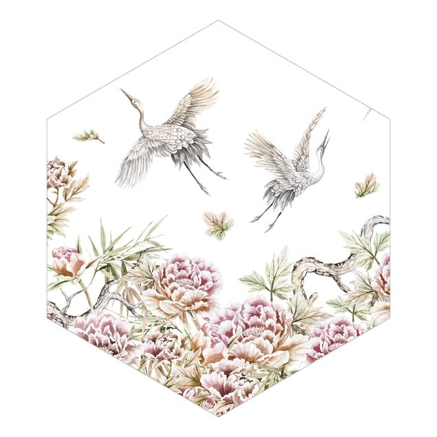 Papel pintado hexagonal Watercolour Storks In Flight With Roses