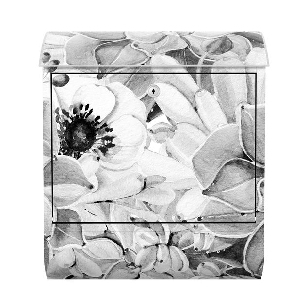 Buzón blanco y negro Watercolour Succulent With Flower In Black And White