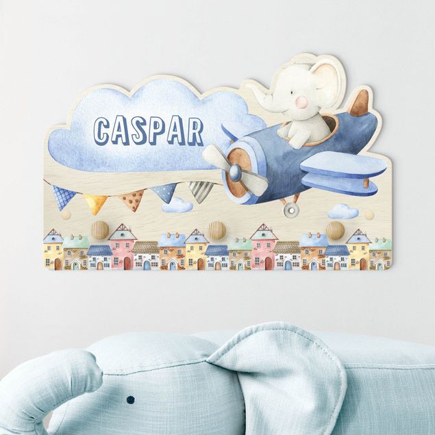 Decoración infantil pared Watercolour Animal Pilot Elephant With Customised Name