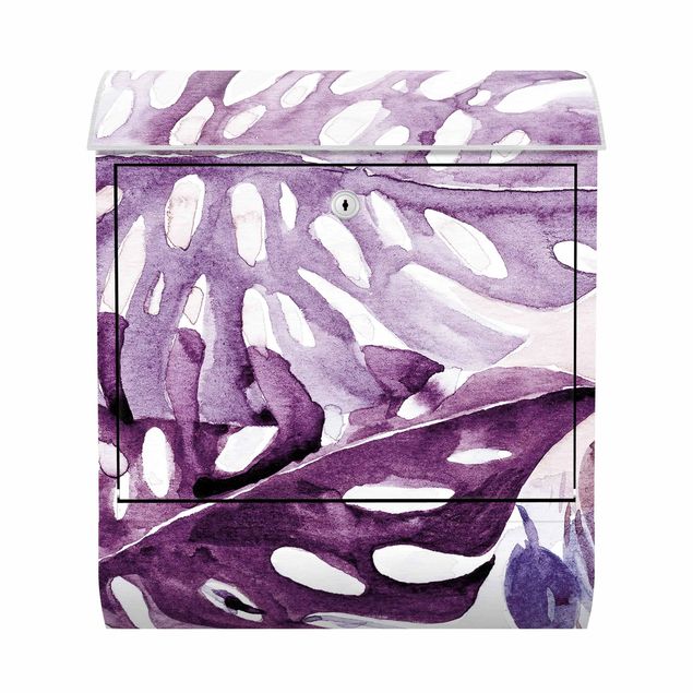 Buzones Watercolour Tropical Leaves With Monstera In Aubergine