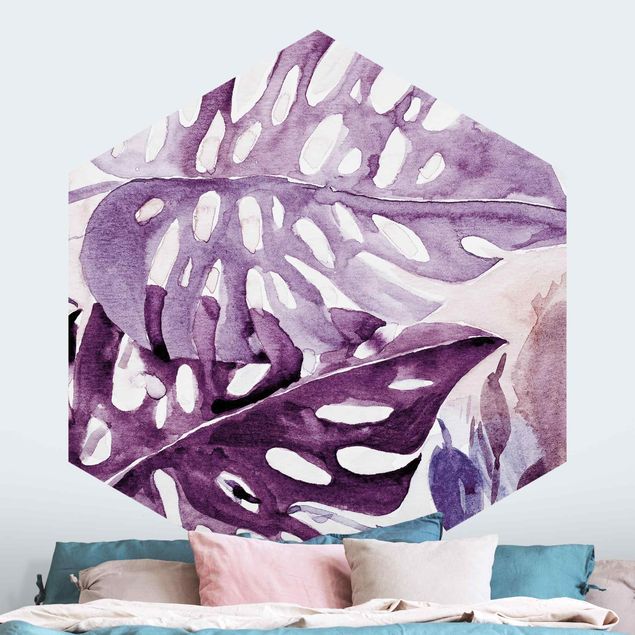 Papel pared montañas Watercolour Tropical Leaves With Monstera In Aubergine