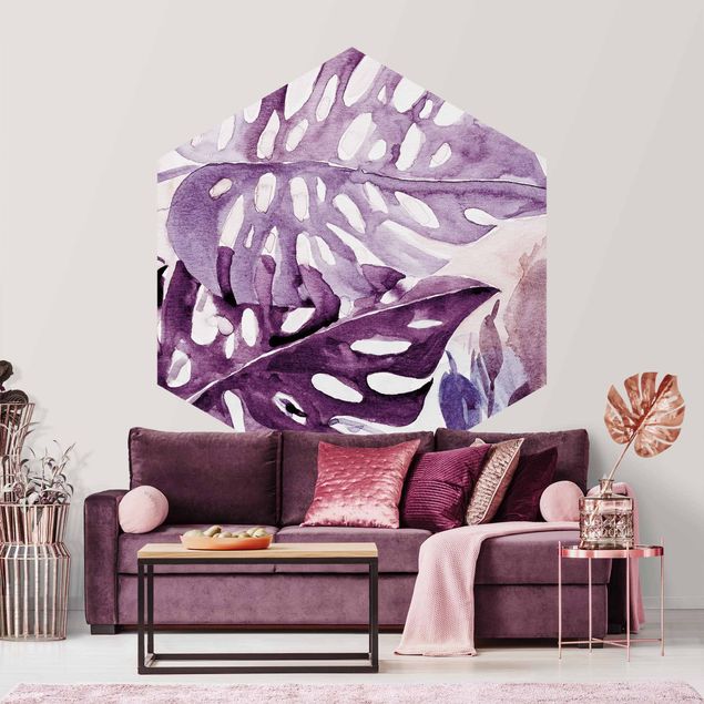Papel pintado flores Watercolour Tropical Leaves With Monstera In Aubergine