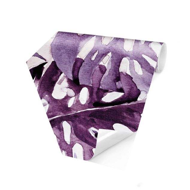 Papel pintado hexagonal Watercolour Tropical Leaves With Monstera In Aubergine