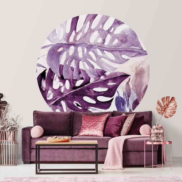 Papel pintado montañas Watercolour Tropical Leaves With Monstera In Aubergine