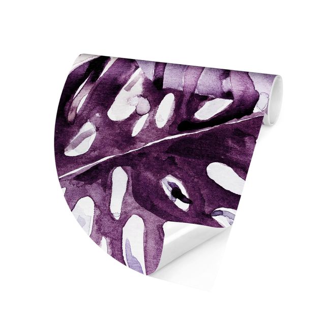 Papel pintado floral Watercolour Tropical Leaves With Monstera In Aubergine