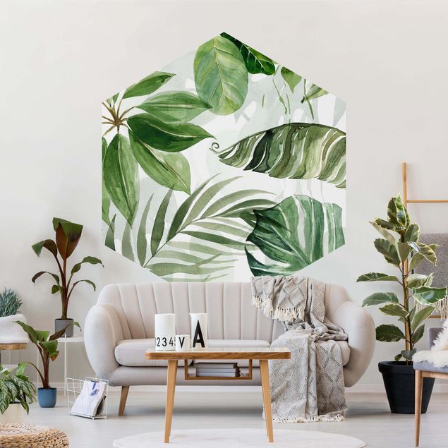 Papel pintado moderno Watercolour Tropical Leaves And Tendrils