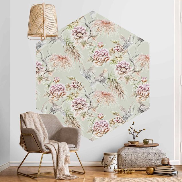 Papel pintado aves Watercolour Birds With Large Flowers In Front Of Mint