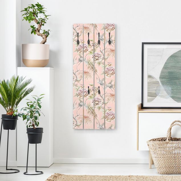 Percheros de pared shabby chic Watercolour Birds With Large Flowers In Front Of Pink
