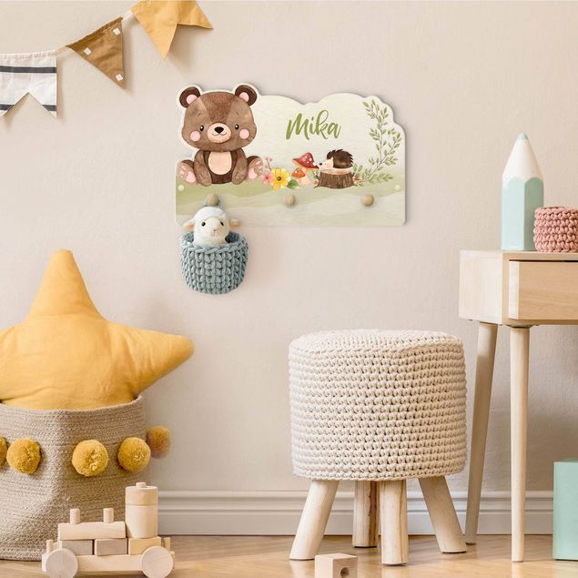 Percheros de pared con frases Watercolour Forest Animal Bear With Customised Name