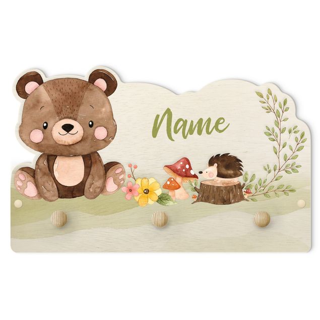 Perchero verde Watercolour Forest Animal Bear With Customised Name