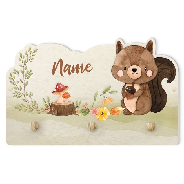 Perchero verde Watercolour Forest Animal Squirrel With Customised Name