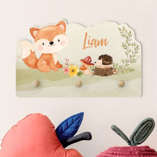 Decoración infantil pared Watercolour Forest Animal Fox With Customised Name