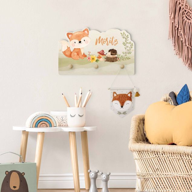 Percheros de pared con frases Watercolour Forest Animal Fox With Customised Name