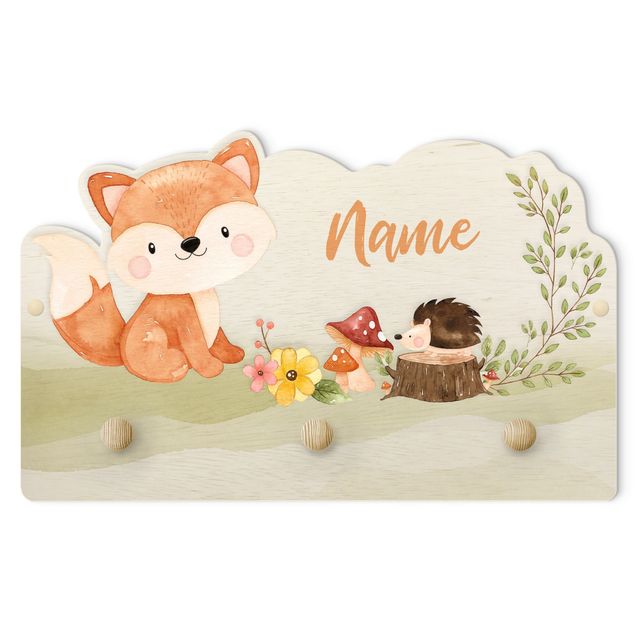 Perchero verde Watercolour Forest Animal Fox With Customised Name