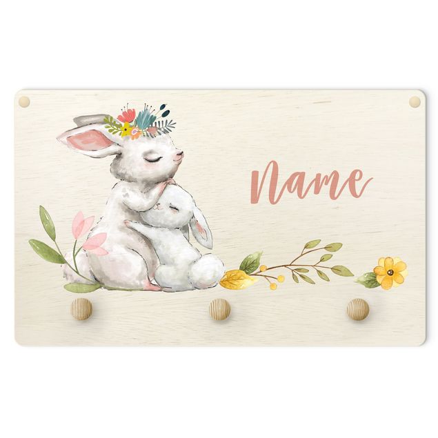 Perchero madera pared Watercolour Forest Animal Rabbit Family With Customised Name