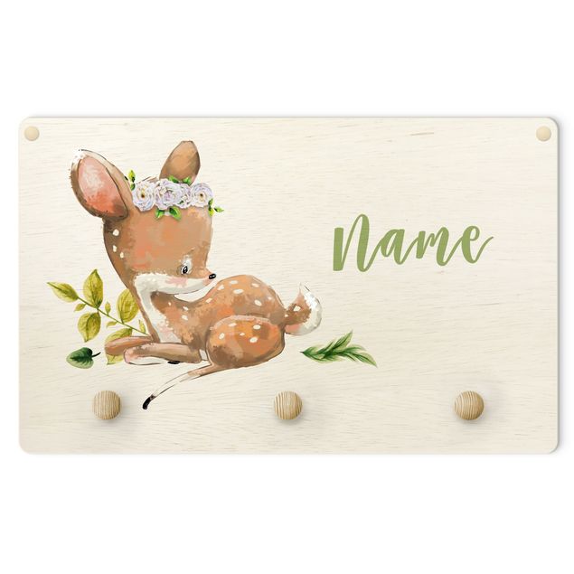 Percheros de pared marrones Watercolour Forest Animal Fawn With Customised Name