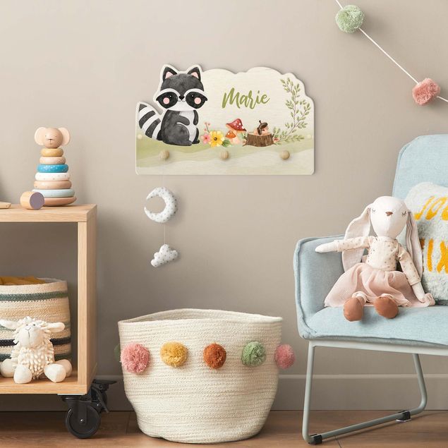 Percheros de pared con frases Watercolour Forest Animal Raccoon With Customised Name