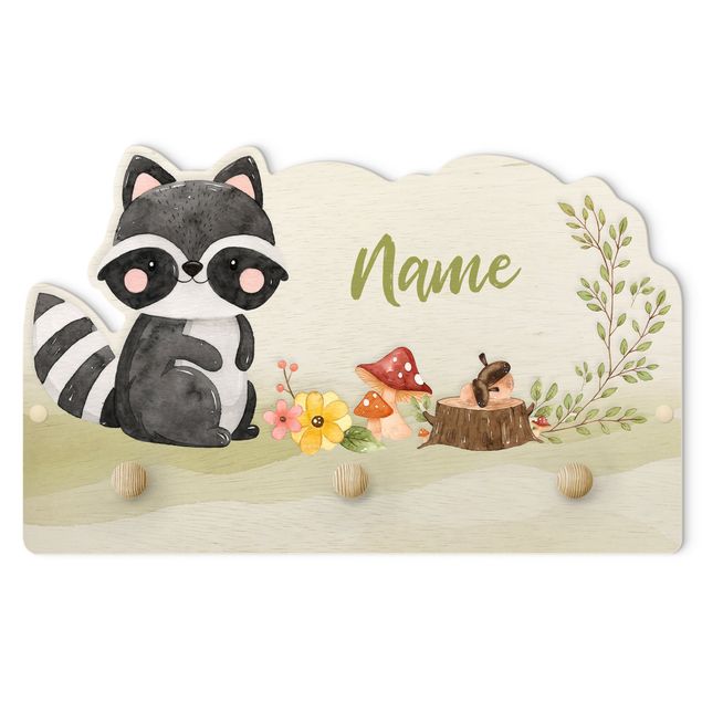 Perchero verde Watercolour Forest Animal Raccoon With Customised Name