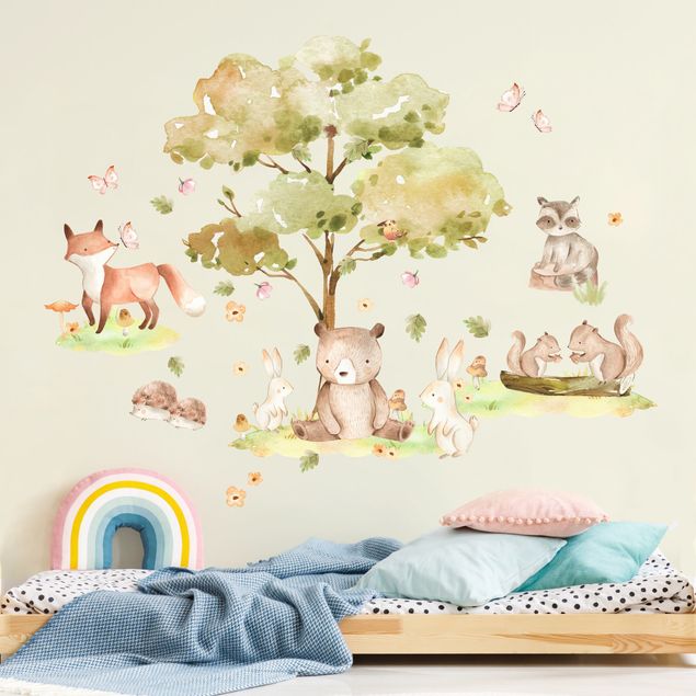 Vinilo árbol Watercolour forest animals and autumn tree