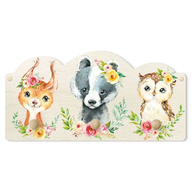 Percheros de pared Watercolour Forest Animals With Flowers III