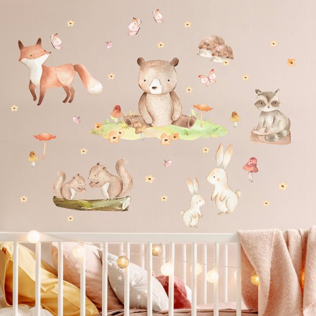 Vinilo de árbol para pared Watercolour forest animals with butterflies and flowers