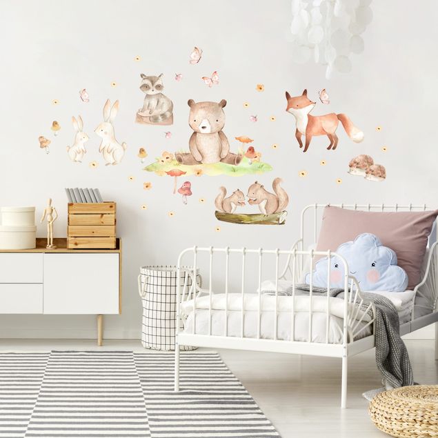 Decoración infantil pared Watercolour forest animals with butterflies and flowers