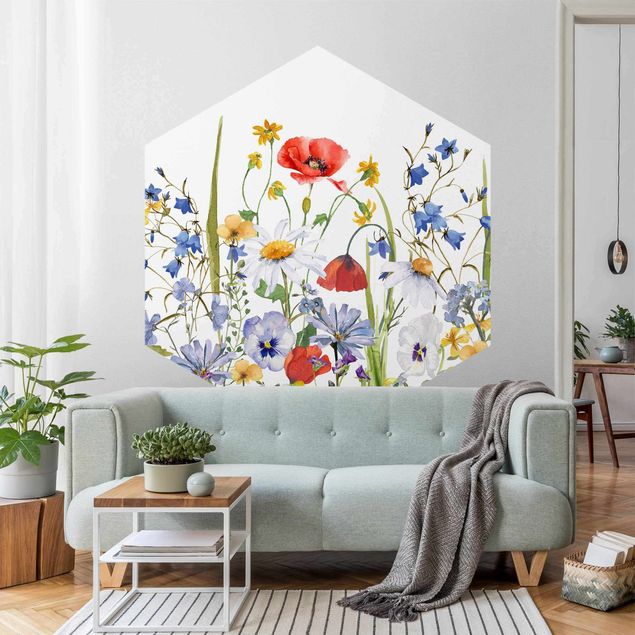 Papel pintado floral Watercolour Flower Meadow With Poppies