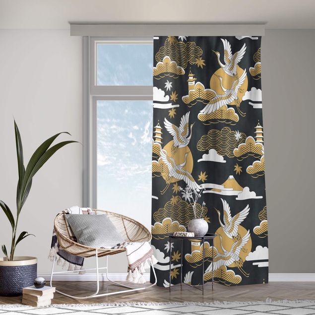cortinas para sala modernas Asian Pattern With Cranes In Autumn