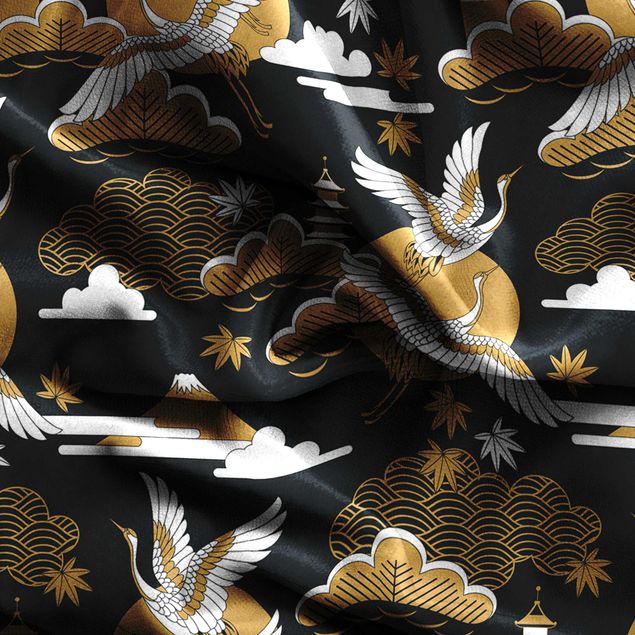 cortinas para las ventanas Asian Pattern With Cranes In Autumn