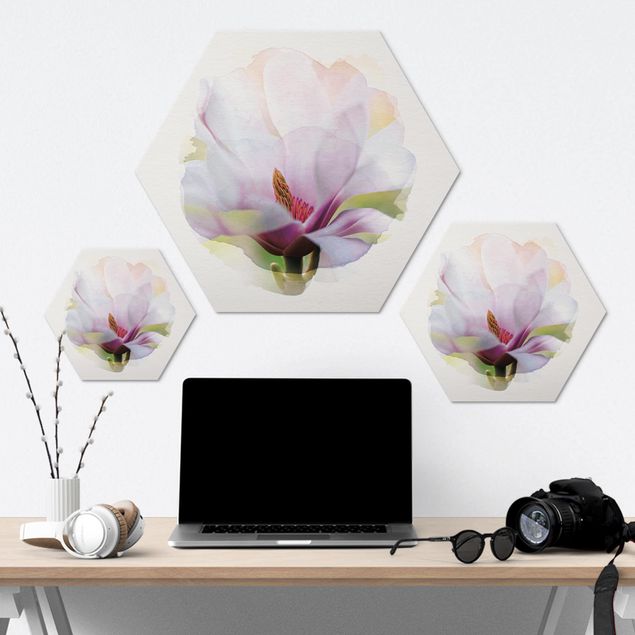 Hexagon Bild Alu-Dibond - Wasserfarben - Zarte Magnolienblüte