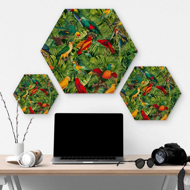 cuadro hexagonal Colorful Collage - Parrot In The Jungle