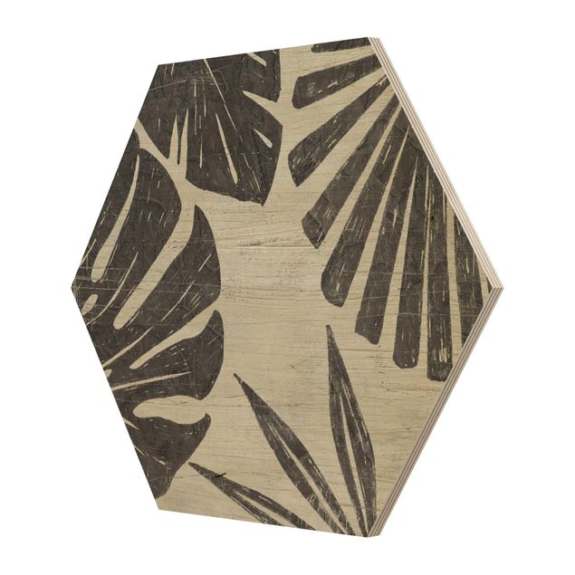 Hexagon Bild Holz - Palmenblätter vor Hellgrau