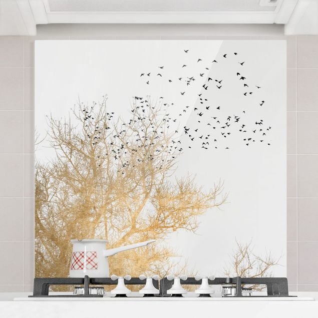 Decoración de cocinas Flock Of Birds In Front Of Golden Tree