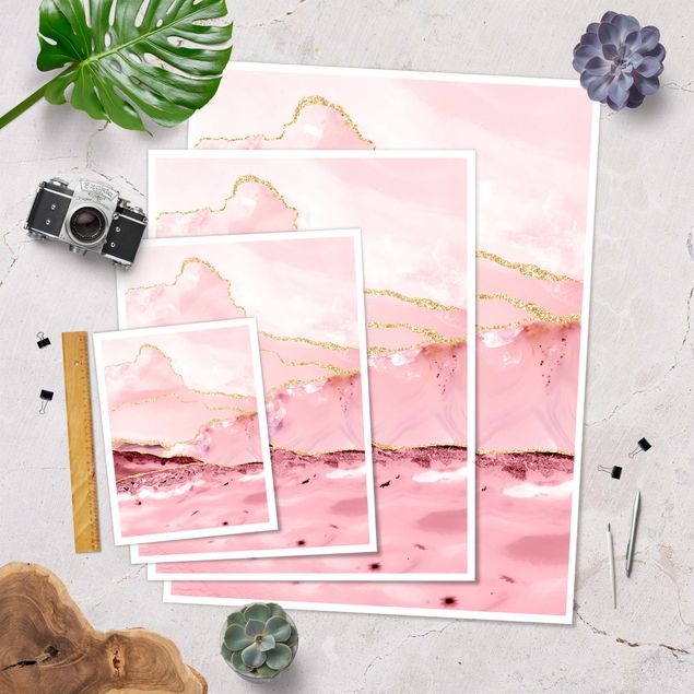 Cuadros decorativos Abstract Mountains Pink With Golden Lines