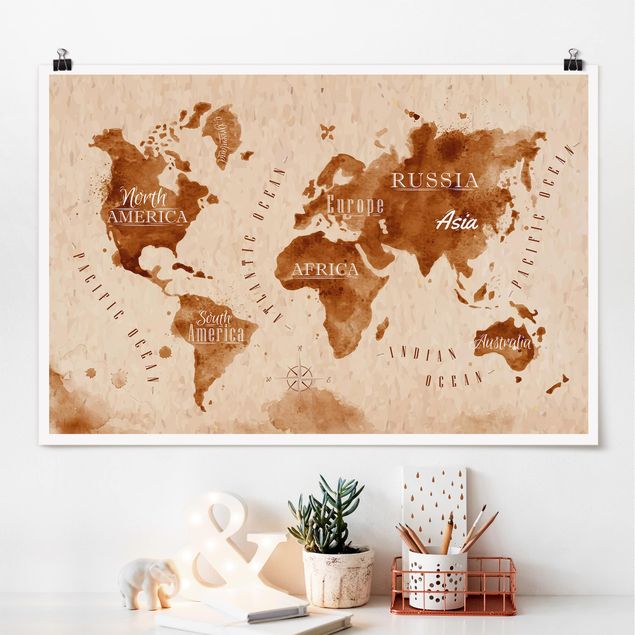 Decoración en la cocina World Map Watercolour Beige Brown