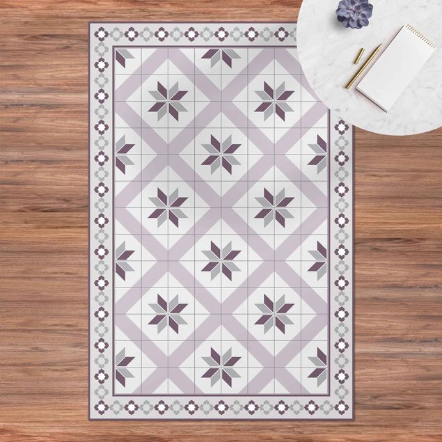 alfombra de terraza Geometrical Tiles Rhombal Flower Lilac With Border