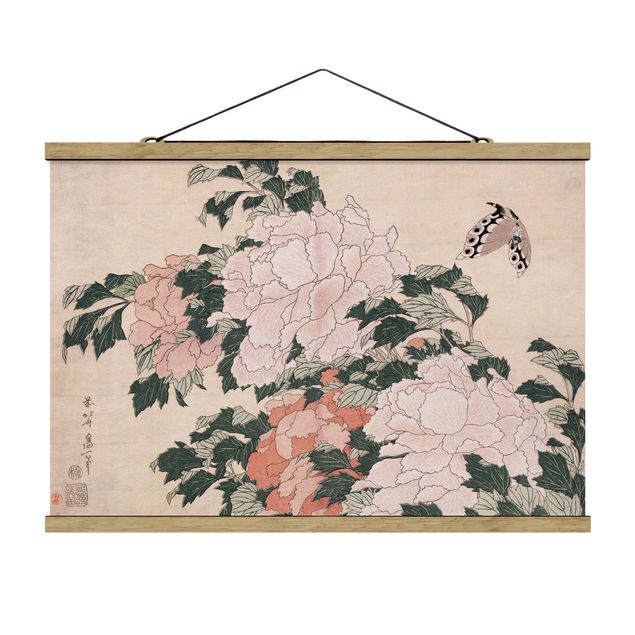 Estilos artísticos Katsushika Hokusai - Pink Peonies With Butterfly