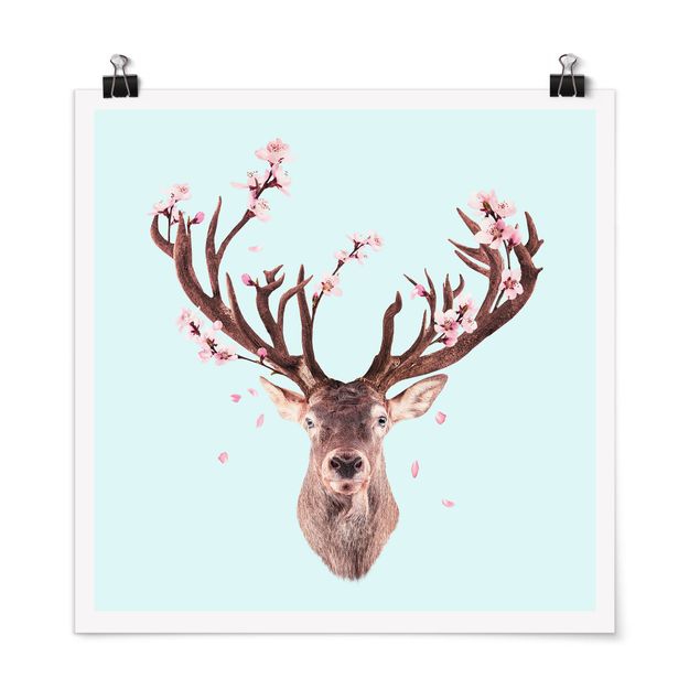 Póster flores Deer With Cherry Blossoms