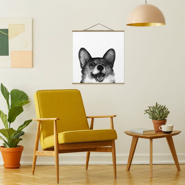 Láminas de cuadros famosos Illustration Dog Corgi Black And White Painting
