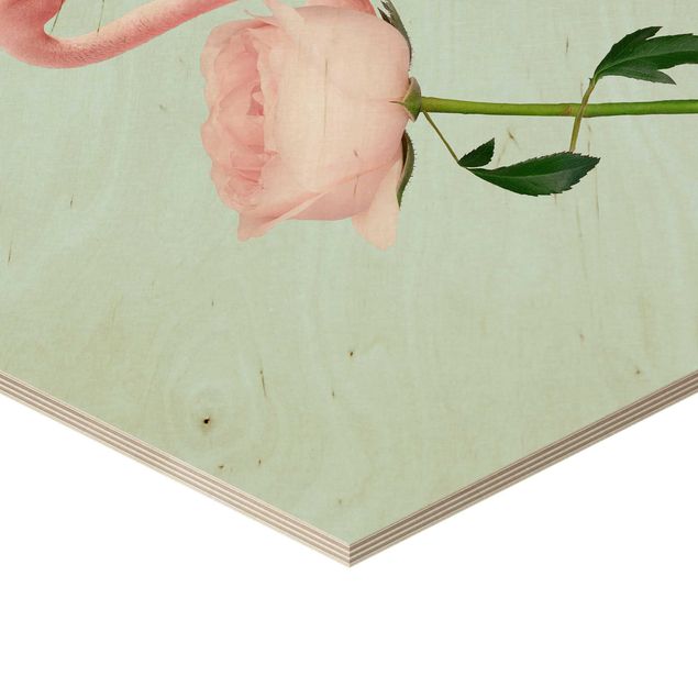 Hexagon Bild Holz - Jonas Loose - Flamingo mit Rose