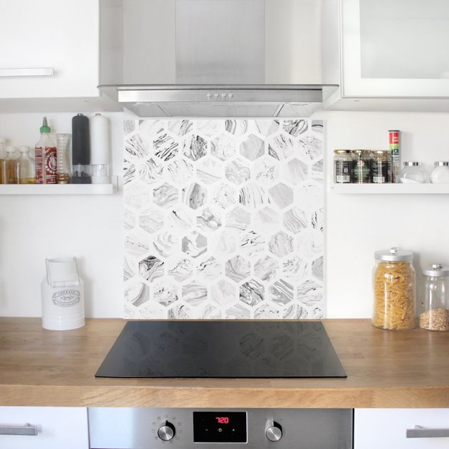 Panel antisalpicaduras cocina patrones Marble Hexagons In Greyscales