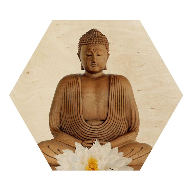 Hexagon Bild Holz - Lotus Holz Buddha