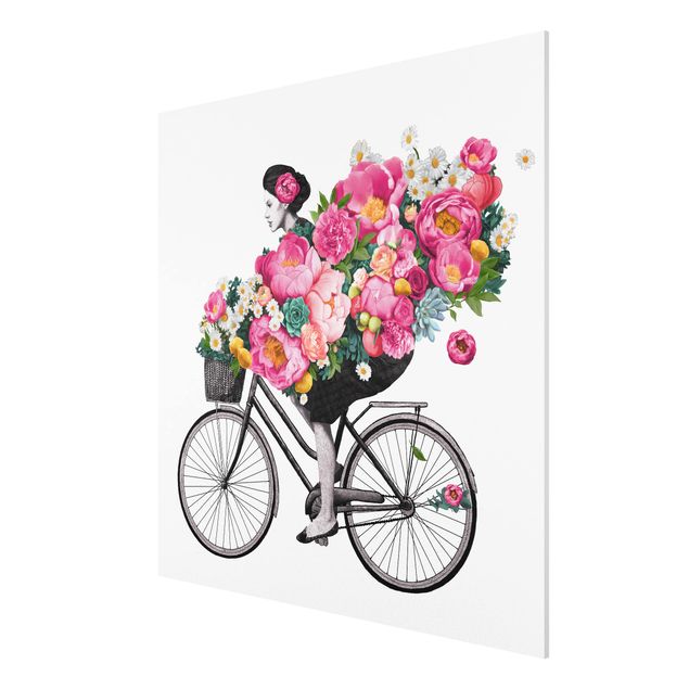 Cuadros de flores modernos Illustration Woman On Bicycle Collage Colourful Flowers
