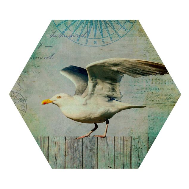 Cuadros azules Vintage Collage - Seagull On Wooden Planks