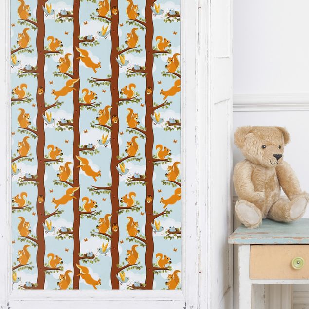 Láminas adhesivas alféizar de ventana Cute Kids Pattern With Squirrels And Baby Birds
