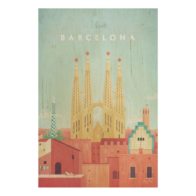 cuadro vintage madera Travel Poster - Barcelona