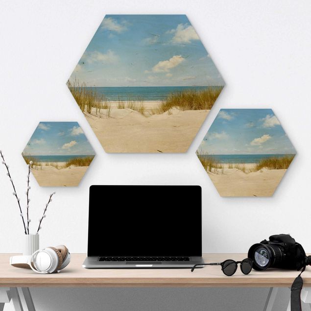 Hexagon Bild Holz - Strand an der Nordsee