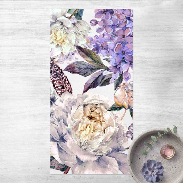 Alfombra exterior Delicate Watercolour Boho Flowers And Feathers Pattern
