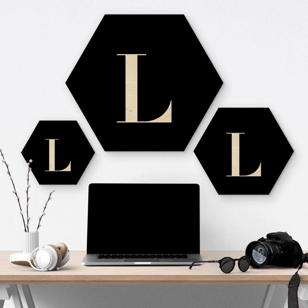 Hexagon Bild Holz - Buchstabe Serif Schwarz L